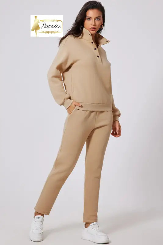 Parchment Solid Half Button Sweatshirt and High Waist Sweatpants Set Dear-Lover Dropshipping