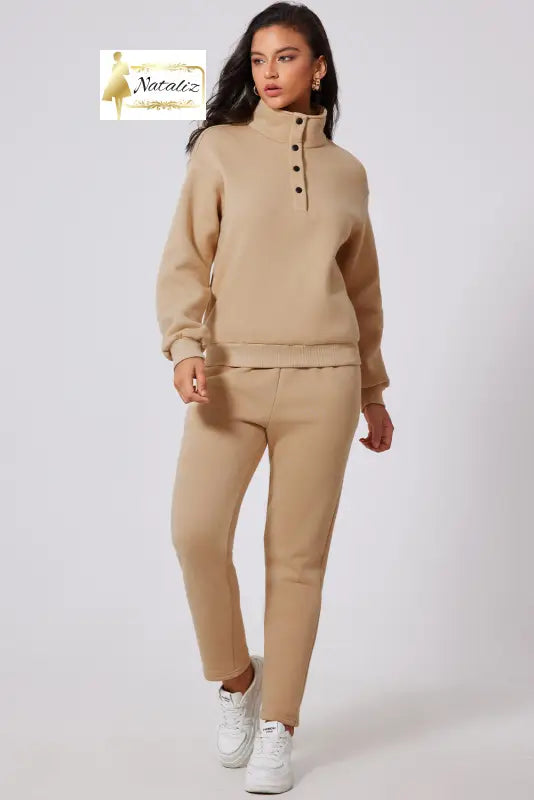 Parchment Solid Half Button Sweatshirt and High Waist Sweatpants Set Dear-Lover Dropshipping