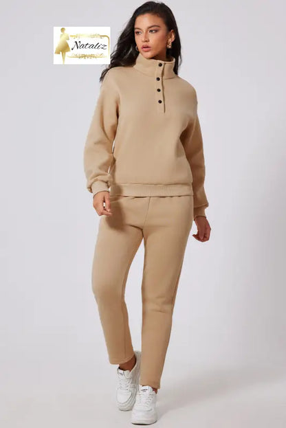 Parchment Solid Half Button Sweatshirt and High Waist Sweatpants Set Dear-Lover Dropshipping