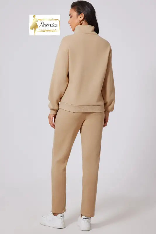 Parchment Solid Half Button Sweatshirt and High Waist Sweatpants Set Dear-Lover Dropshipping