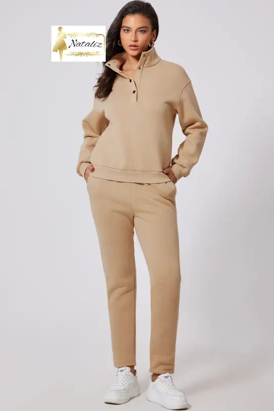 Parchment Solid Half Button Sweatshirt and High Waist Sweatpants Set Dear-Lover Dropshipping