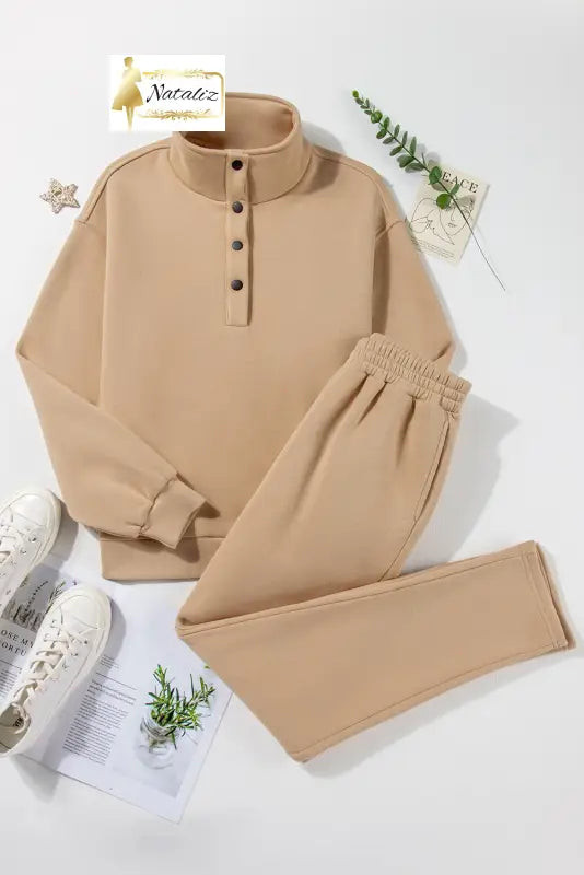 Parchment Solid Half Button Sweatshirt and High Waist Sweatpants Set Dear-Lover Dropshipping
