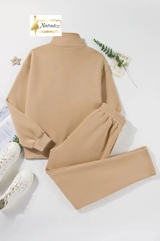 Parchment Solid Half Button Sweatshirt and High Waist Sweatpants Set Dear-Lover Dropshipping