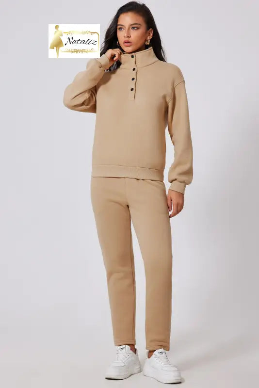 Parchment Solid Half Button Sweatshirt and High Waist Sweatpants Set Dear-Lover Dropshipping