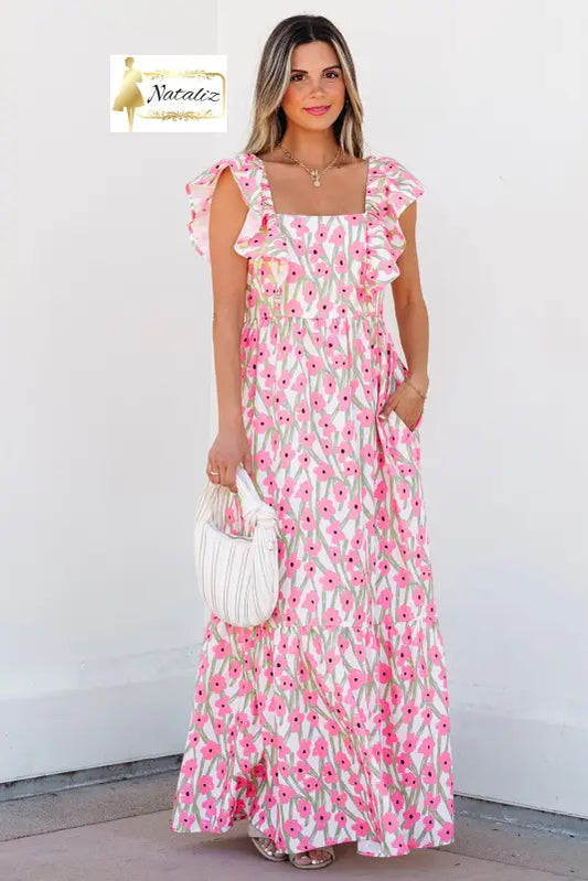 Pink Floral Print Square Neck Ruffled Strap Maxi Dress Dear-Lover Dropshipping