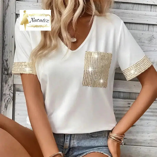 Pocket V-neck Patchwork Top T-shirt Casual T Short Sleeve Tops