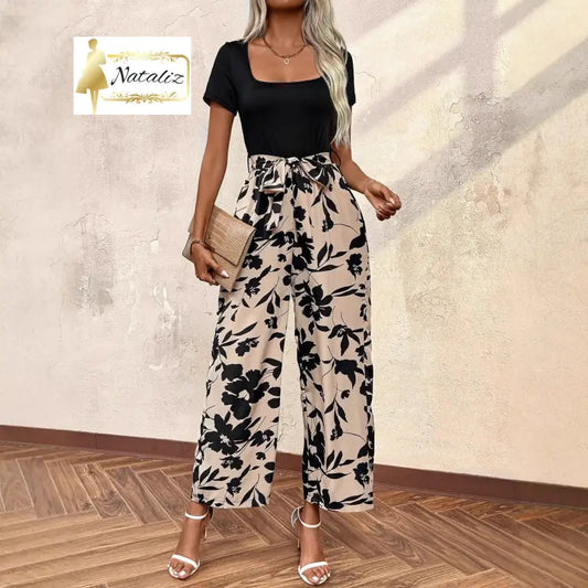 Printed Tie-waist Straight-leg Jumpsuit Jumpsuits