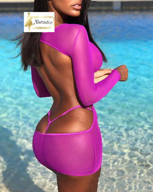 Purple Sexy Backless Dress With Panties Bikinis & Coverups
