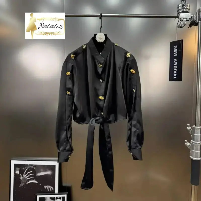 Retro Button Short Long Sleeve Skinny-Fitting Tie Front Shirt Nataliz Boutique Shop