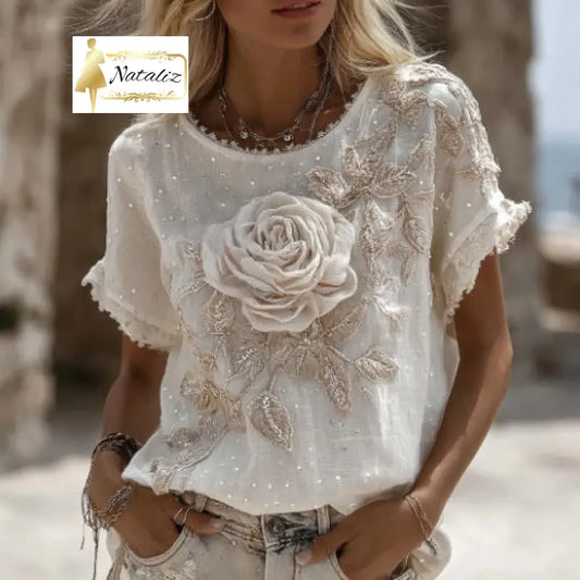 Retro Printed Patchwork Crew-Neck Top - Nataliz Boutique Shop