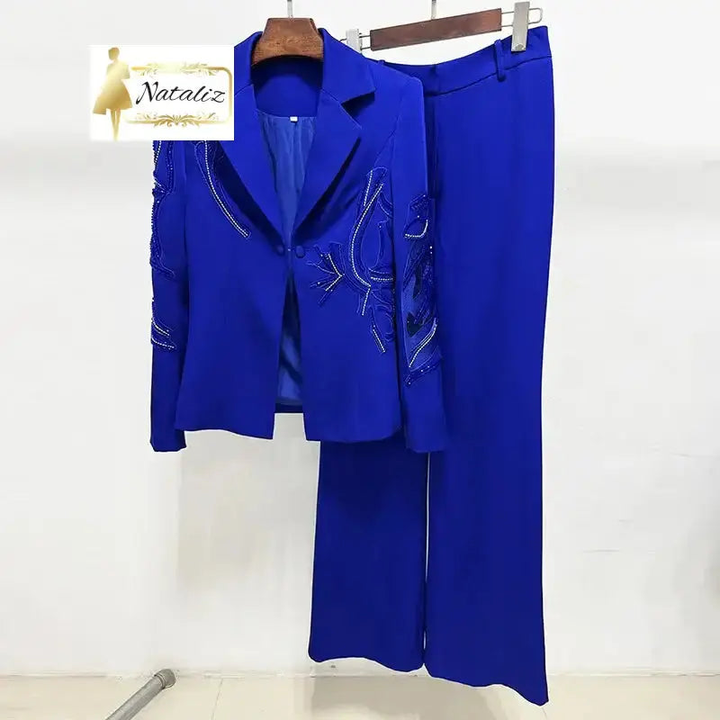 Royal Blue Women's Suit Set Beaded Blazer 8