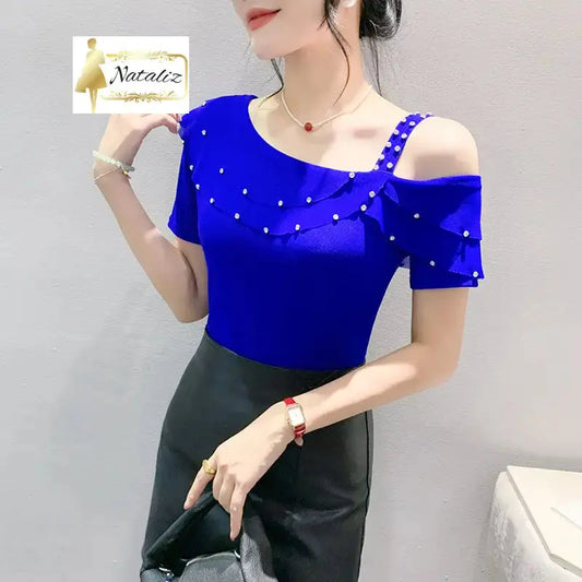 Ruffled Short Sleeves Off-the-shoulder Filamentation Top Tops