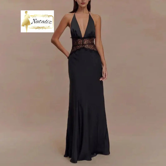 Seamless Halter Deep V-Slit Silk-Smooth Satin Maxi Dress Formal Dresses