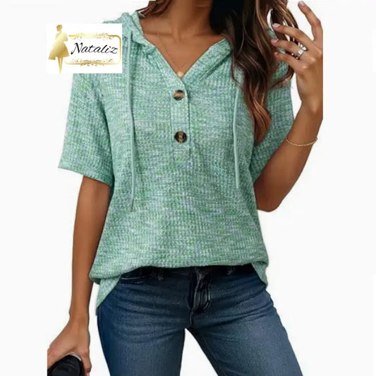 Short-sleeve Buttoned V-neck Waffle-knit Hooded Top Tops