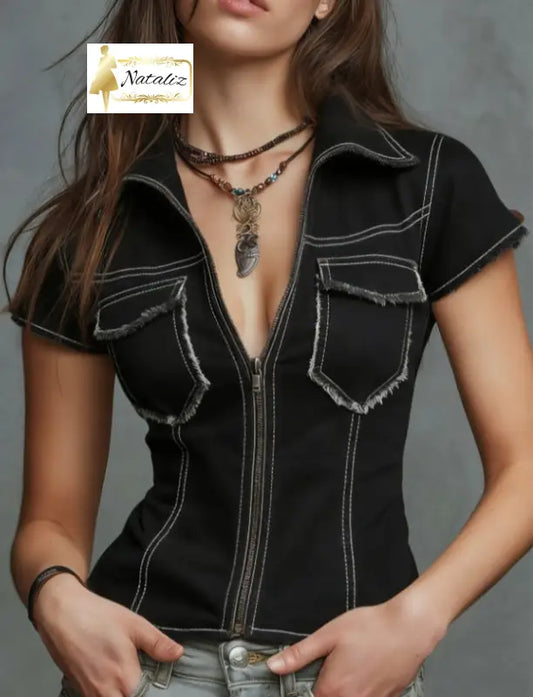 Short-sleeved Shirt With Lapel Zipper Waist-cinching Short Length T-Shirts & Tank Tops