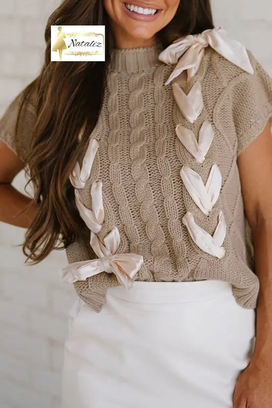 Simply Taupe Cable Knit Colorblock Satin Bowknot Short Sleeve Sweater Dear-Lover Dropshipping