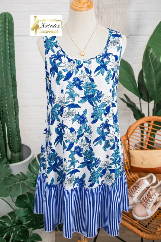 Sky Blue Floral Print U Neck Sleeveless Striped Ruffle Hem Patchwork Dress Dear-Lover Dropshipping