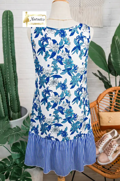 Sky Blue Floral Print U Neck Sleeveless Striped Ruffle Hem Patchwork Dress Dear-Lover Dropshipping