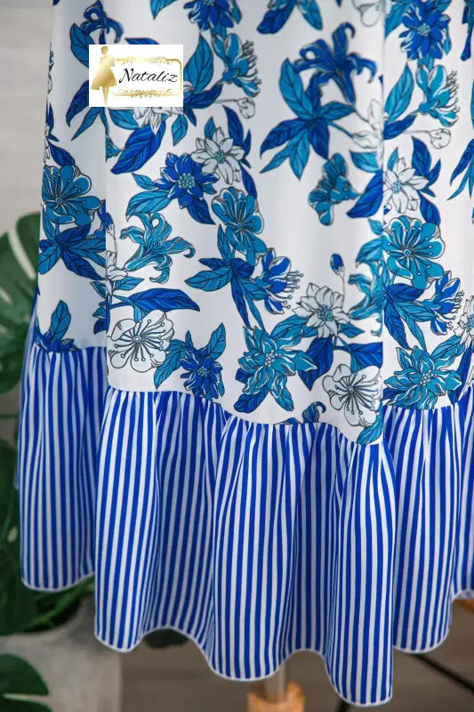 Sky Blue Floral Print U Neck Sleeveless Striped Ruffle Hem Patchwork Dress Dear-Lover Dropshipping