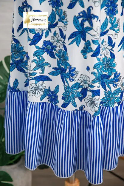 Sky Blue Floral Print U Neck Sleeveless Striped Ruffle Hem Patchwork Dress Dear-Lover Dropshipping