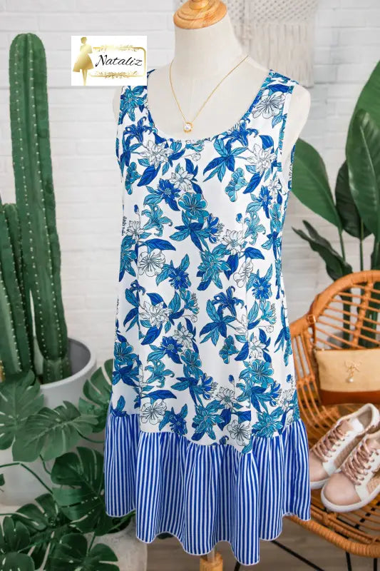 Sky Blue Floral Print U Neck Sleeveless Striped Ruffle Hem Patchwork Dress Dear-Lover Dropshipping