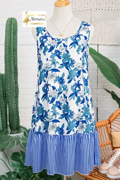 Sky Blue Floral Print U Neck Sleeveless Striped Ruffle Hem Patchwork Dress Dear-Lover Dropshipping