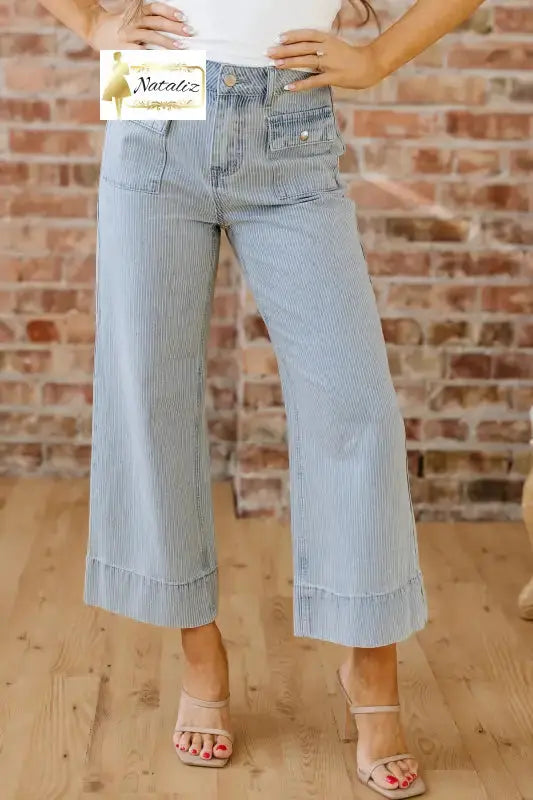 Sky Blue Stripe Button Flap Pocket Cuffed Hem Wide Leg Jeans Dear-Lover Dropshipping