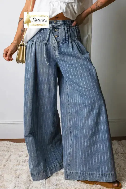 Sky Blue Stripe Button Pleated Drawstring Waist Casual Wide Leg Jeans Dear-Lover Dropshipping