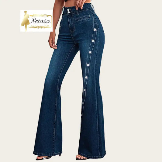 Slim and Flare-fit Solid-color Blue Jeans With Button Details Jeans
