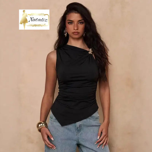 Solid-color Asymmetrical Pleated Figure-flattering Sleeveless Tank Top Tops