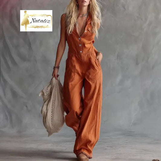 Solid-Color Casual Fashion V-Neck Front-Button Sleeveless Jumpsuit Jumpsuits
