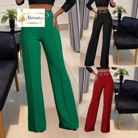 Solid-color High-waisted Women’s Casual Straight-leg Pants with Metal Accent Pants & Jeans