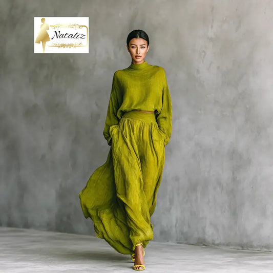 Solid-Color Loose Top And Pocketed Long Skirt Set Two Pieces Sets