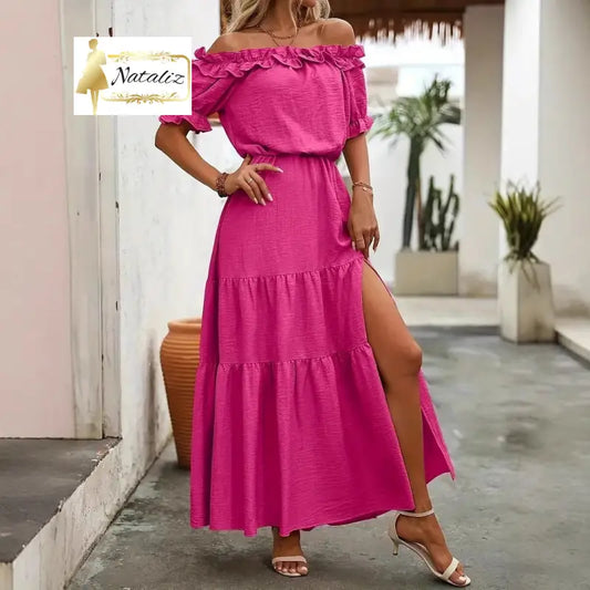 Solid-Color Off-the-Shoulder Ruffle-Waist Side-Slit Dress Casual Dresses