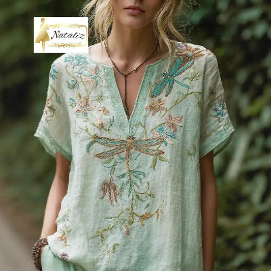 Spring Trendy Printed Women’s V-Neck Short-Sleeve Top Tops