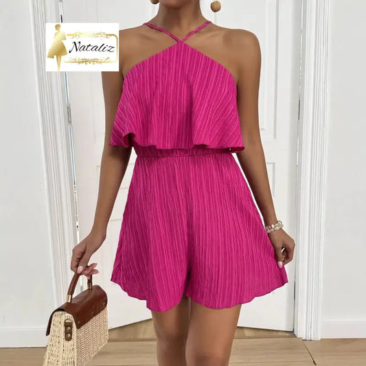Stylish Crinkled Fabric Halterneck Ruffled Jumpsuit Jumpsuits
