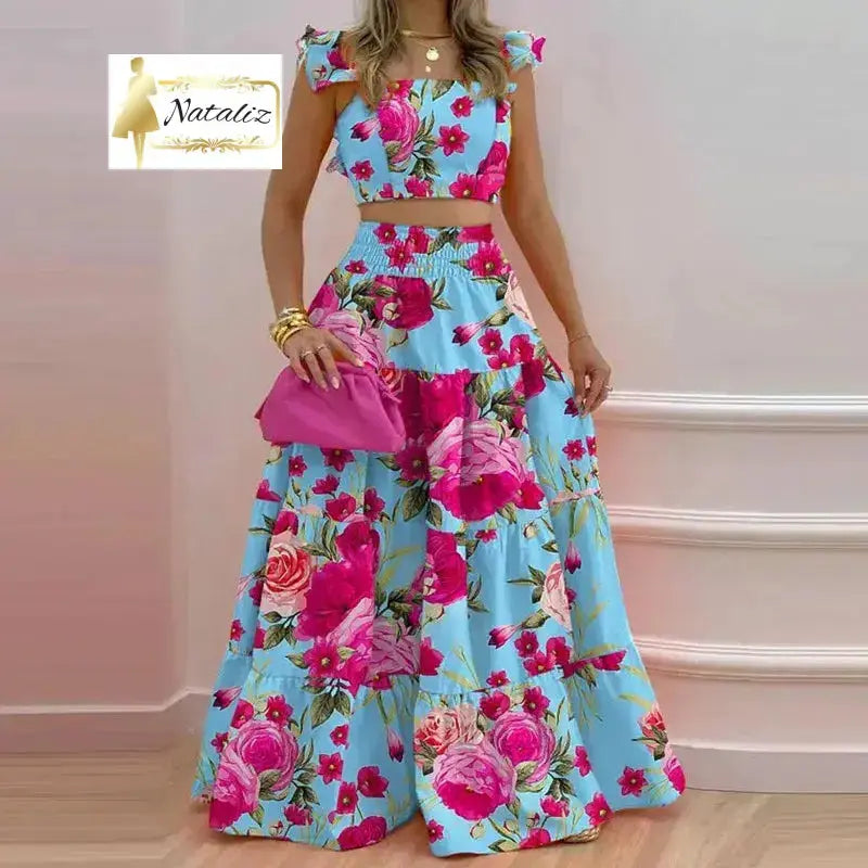 Two Piece Women's Dress Mid Waist Flutter Sleeve Set Nataliz Boutique Shop