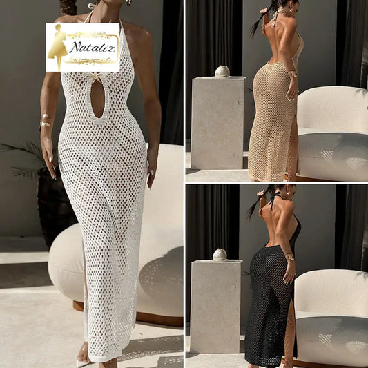 V-neck Waist-cinching Backless Knit Dress Cover Up Bikinis & Coverups