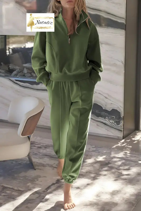 Vineyard Green Half Zip up Pullover Active Top and Joggers Set Dear-Lover Dropshipping