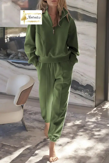 Vineyard Green Half Zip up Pullover Active Top and Joggers Set Dear-Lover Dropshipping