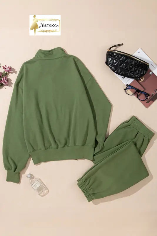 Vineyard Green Half Zip up Pullover Active Top and Joggers Set Dear-Lover Dropshipping