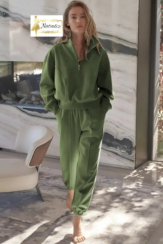 Vineyard Green Half Zip up Pullover Active Top and Joggers Set Dear-Lover Dropshipping