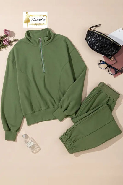 Vineyard Green Half Zip up Pullover Active Top and Joggers Set Dear-Lover Dropshipping