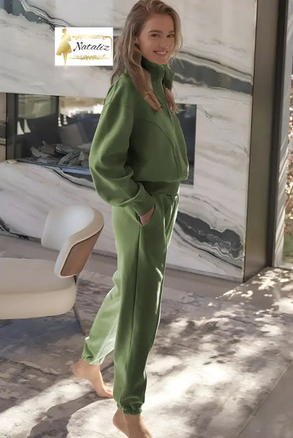 Vineyard Green Half Zip up Pullover Active Top and Joggers Set Dear-Lover Dropshipping