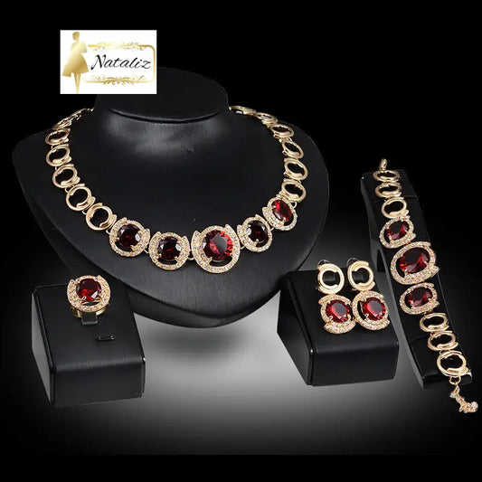 Wedding Bridal Accessories Gold Color Crystal Green Red Zircon Pendant Necklace Earrings Ring Women Wedding Bridal