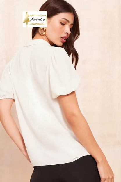 White Bow Tie V Neck Puff Sleeve Blouse Dear-Lover Dropshipping