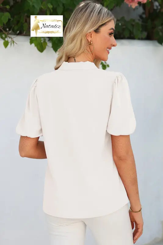 White Bow Tie V Neck Puff Sleeve Blouse Dear-Lover Dropshipping