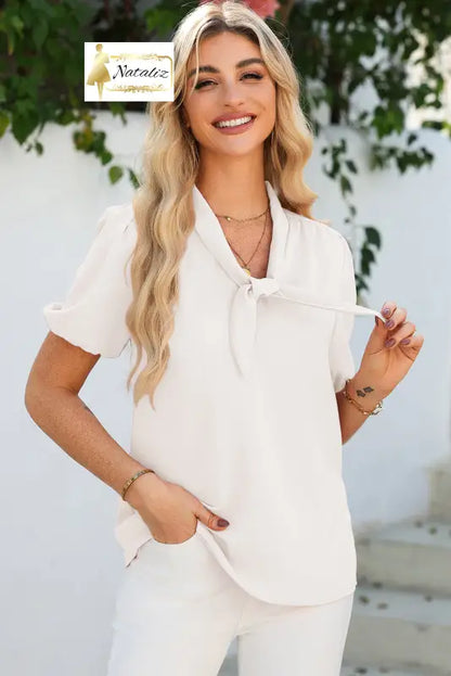 White Bow Tie V Neck Puff Sleeve Blouse Dear-Lover Dropshipping