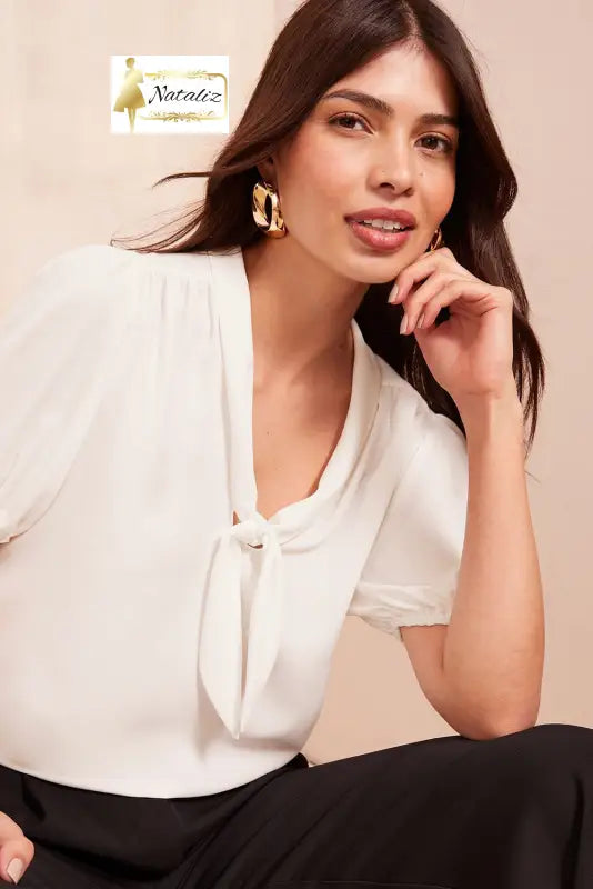 White Bow Tie V Neck Puff Sleeve Blouse Dear-Lover Dropshipping