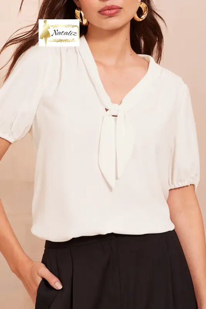 White Bow Tie V Neck Puff Sleeve Blouse Dear-Lover Dropshipping